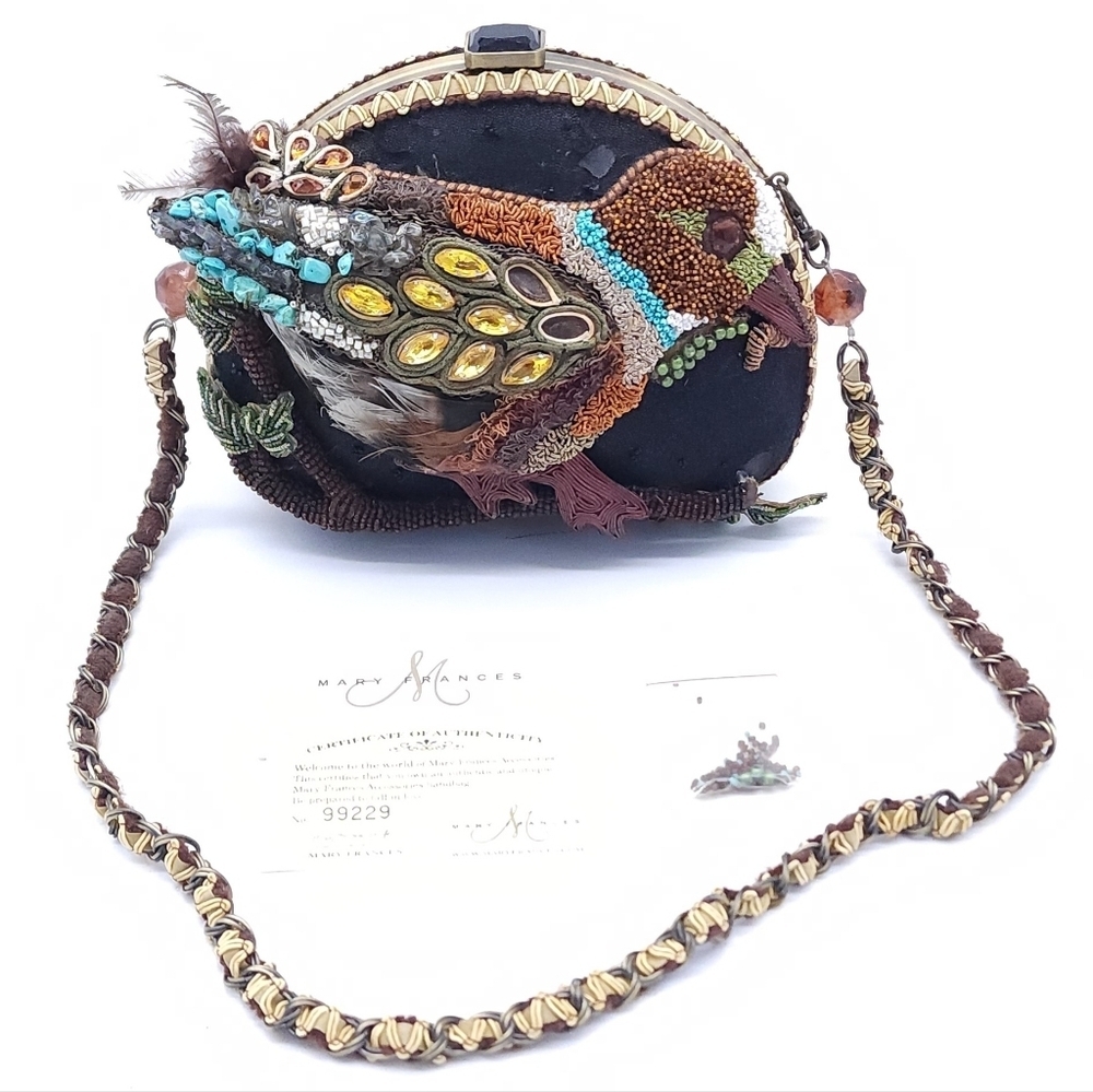 Vintage MARY FRANCES Purse Beaded Bird Lover Feather Minaudière Clutch Purse COA